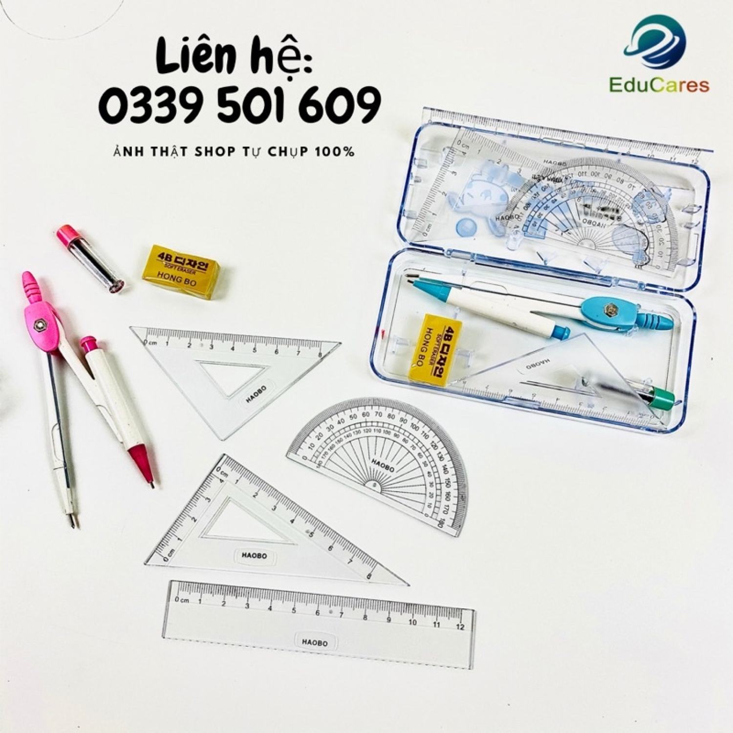 Bộ dụng cụ học tập 8 món thước kẻ, compa, eke, đo độ, tẩy, chì. Bộ đồ dùng toán học cho học sinh
