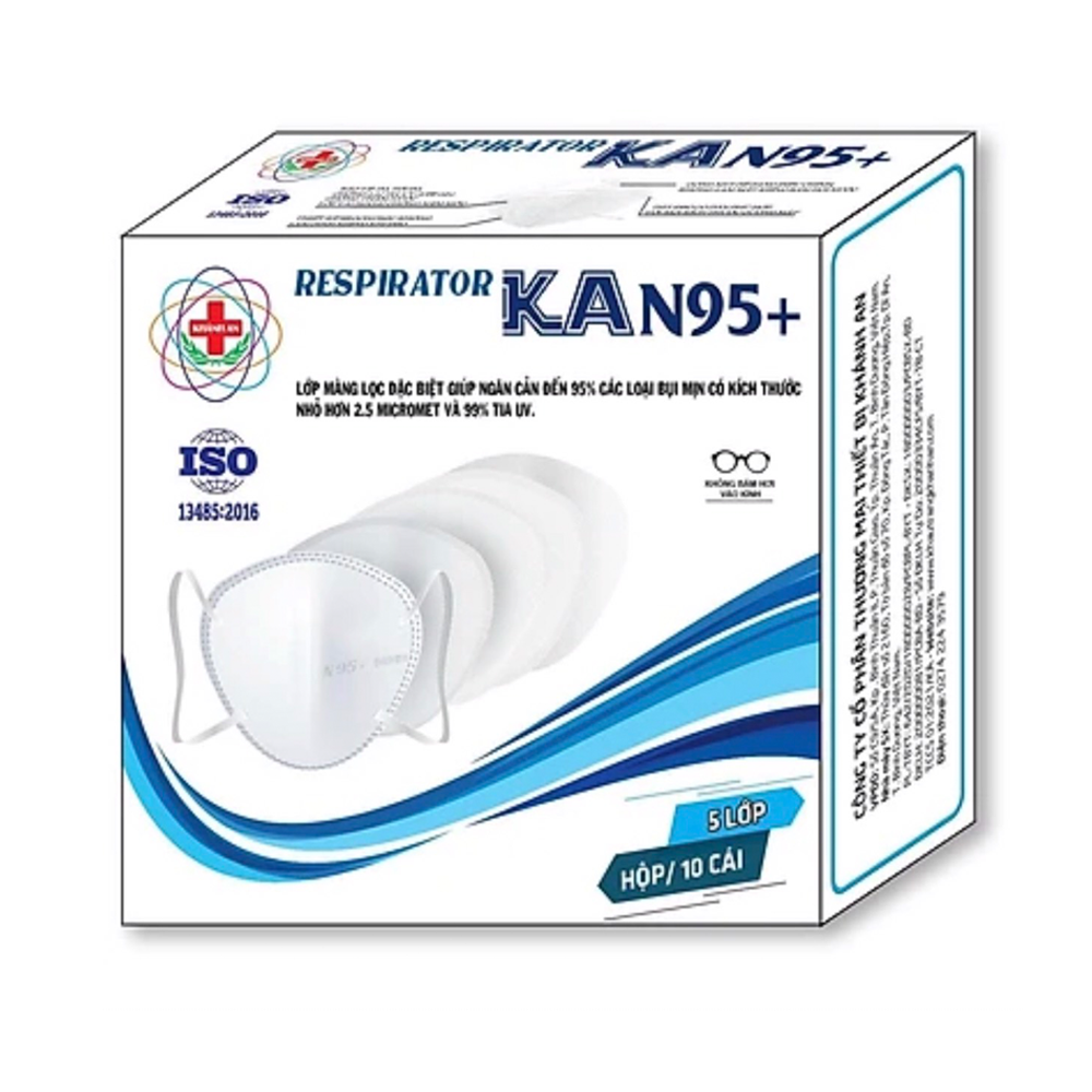 Khẩu trang y tế 5 lớp khánh an ka n95+ kháng khuẩn màng lọc ngăn 95% bụi mịn nhỏ hơn 2.5 micromet và 99% tia uv - hộp 10 trắng n95+