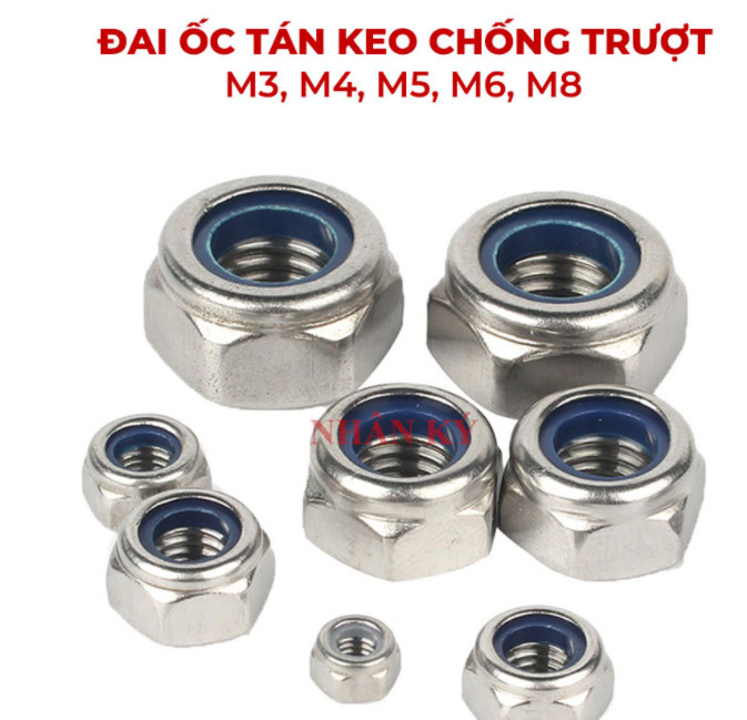 Đai ốc tán keo chống trượt inox m4, m5, m6, m8 , m10 ,m12 gói 10