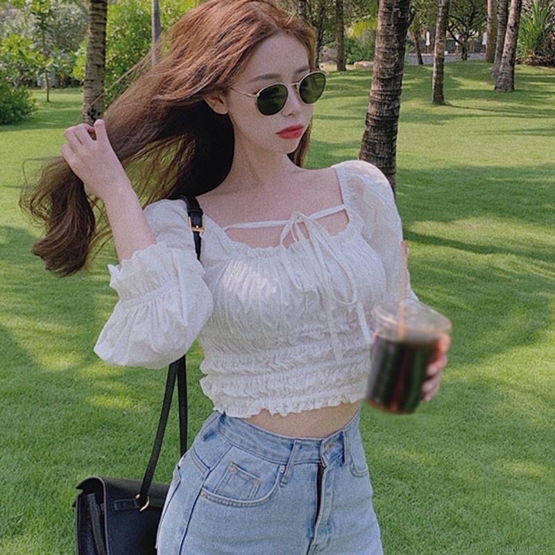 {evacici }Áo croptop ulzzang trắng buộc dây cổ, áo croptop trễ vai dài tay xinh xắn