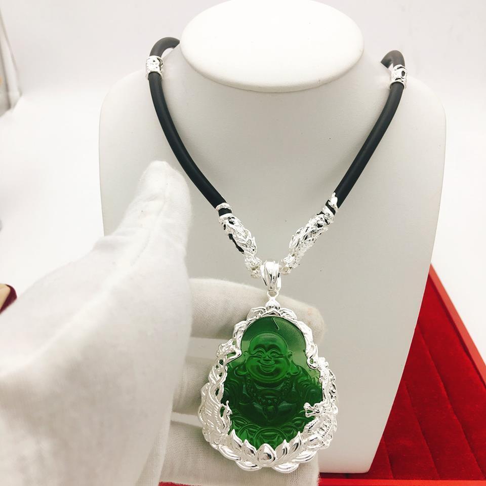 Dây chuyền/ Vòng cổ nam cao su nạm rồng bạc kèm mặt phật màu xanh bọc bạc siêu HOT