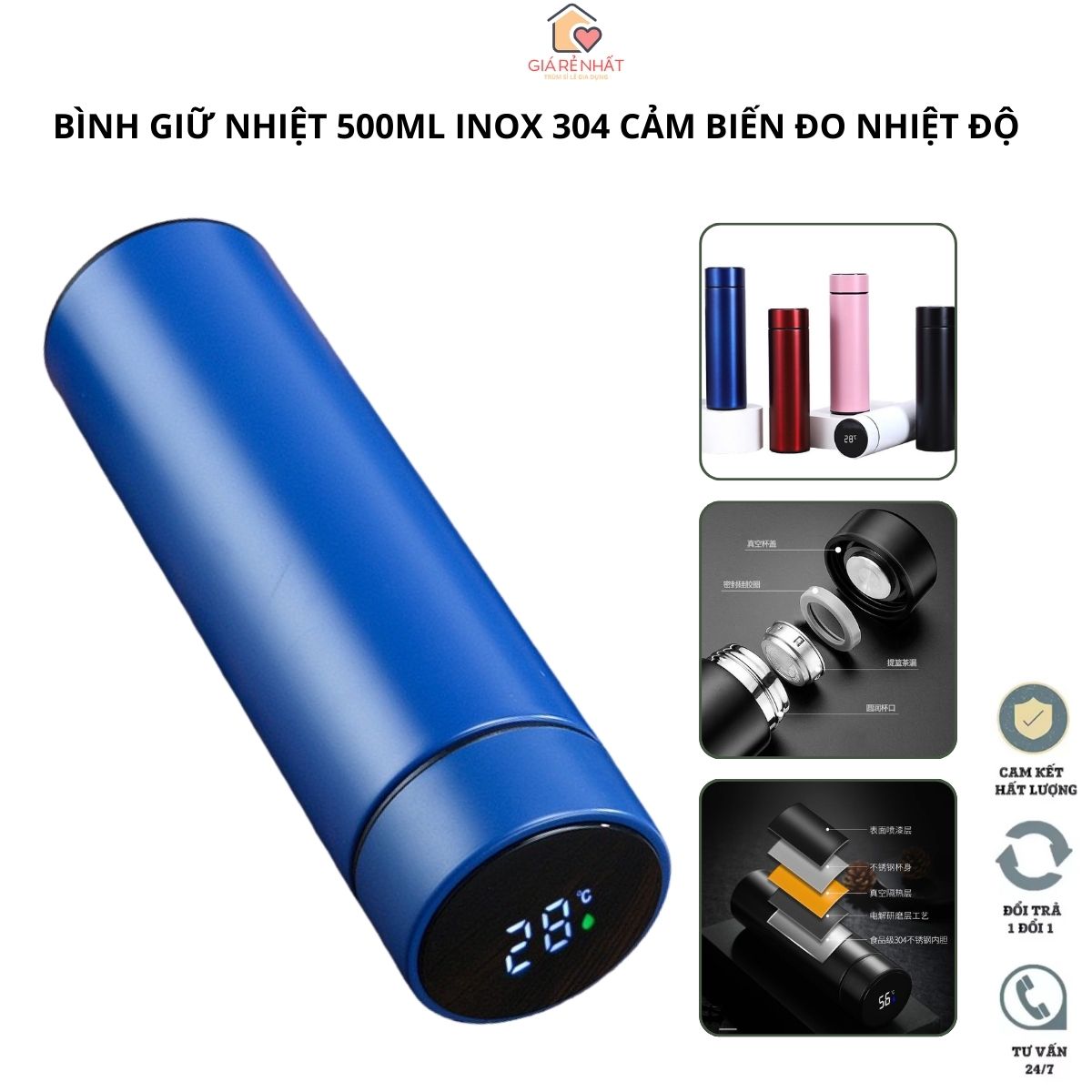 Bình nước giữ nhiệt Inox 304 dung tích 500ml, Hàng cao cấp có LED cảm biến đo nhiệt độ trên nắp bình