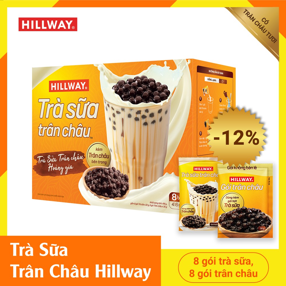 Trà sữa trân châu hòa tan Hoàng Gia Hillway (8 gói trà+8 gói châu) trà sữa pha sẵn có trân châu thật Phong cách Đài Loan