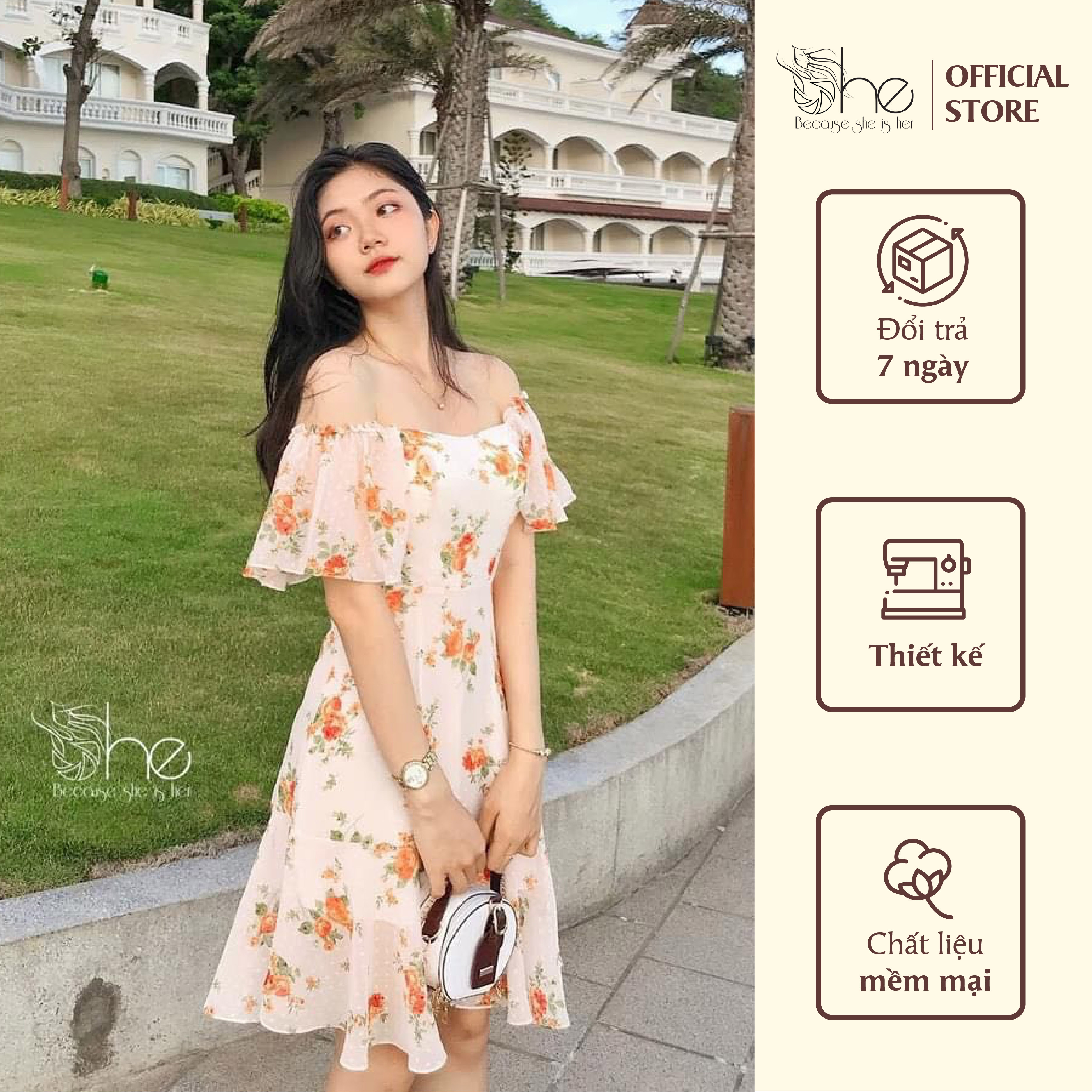 Đầm váy hoa bẹt vai đuôi cá She, váy hoa nhí dễ thương xinh xắn cho nữ SDX47