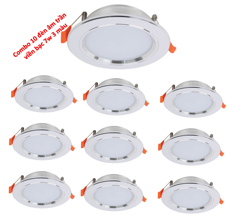 Bộ 10 đèn led âm trần viền bạc 7w 3 màu (Sáng trắng /vàng ấm /vàng nắng) thây đổi theo mỗi lần bật tắc công tắc