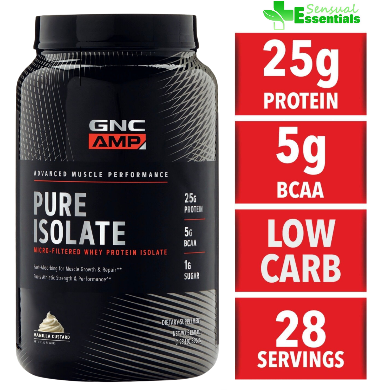 GNC AMP Pure Isolate Whey Protein mùi Vanilla Custard 896gram , bột đạm Whey protein siêu tinh khiết Pure Isolate, hấp thu tối đa, tăng cơ, giảm mỡ, low carb