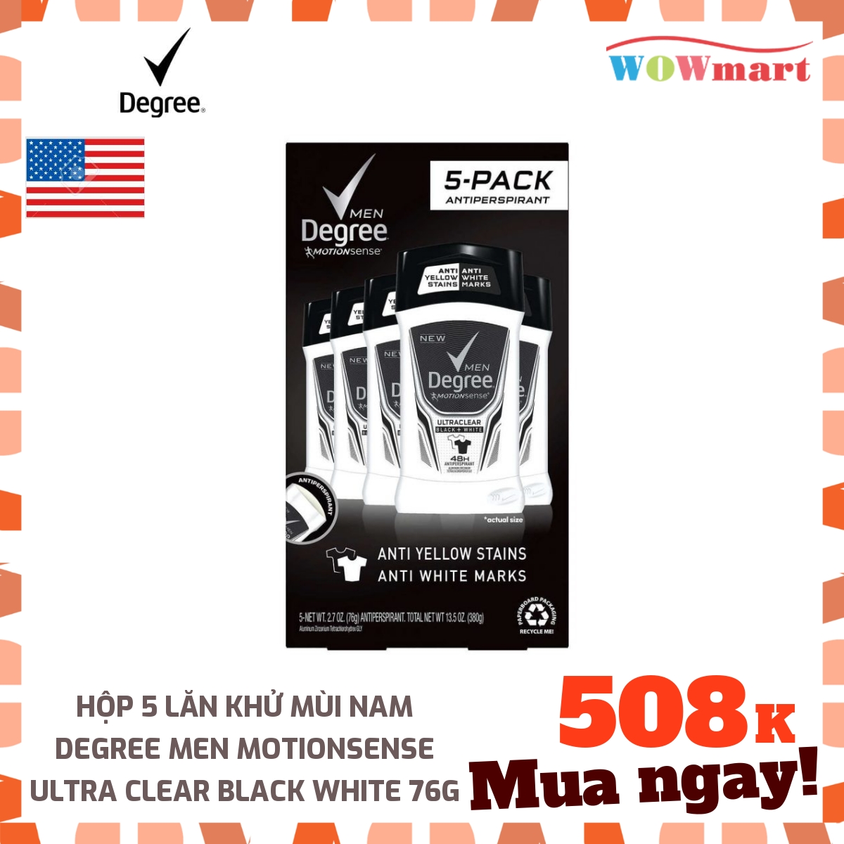 Hộp 5 lăn khử mùi nam Degree Men Motionsense Ultra Clear Black White 76g