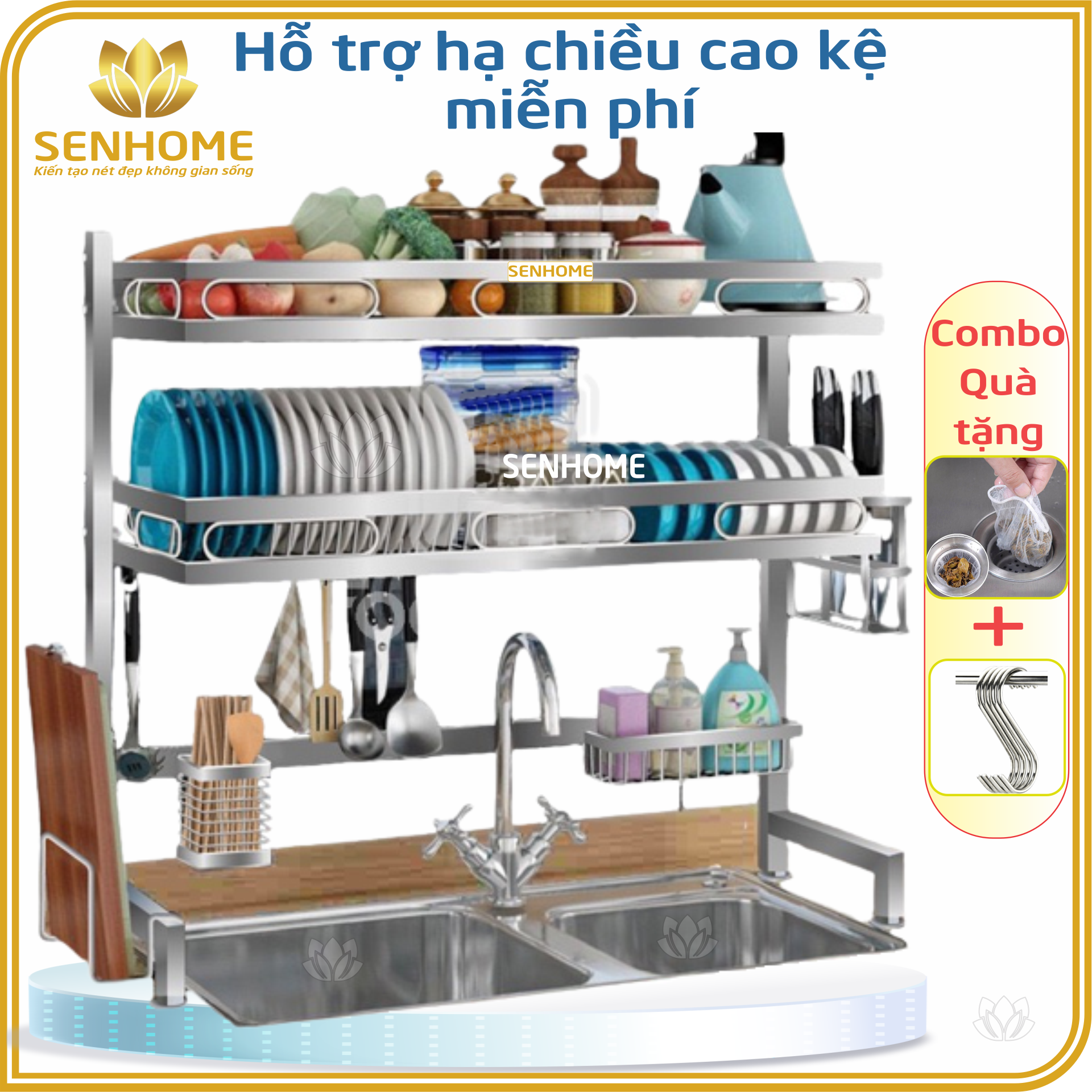 Kệ Chén Đa Năng Inox Cao Cấp SENHOME, Giá Để Bát Đũa Inox Sáng Bóng Không Gỉ Loại 1 tầng, 2 tầng