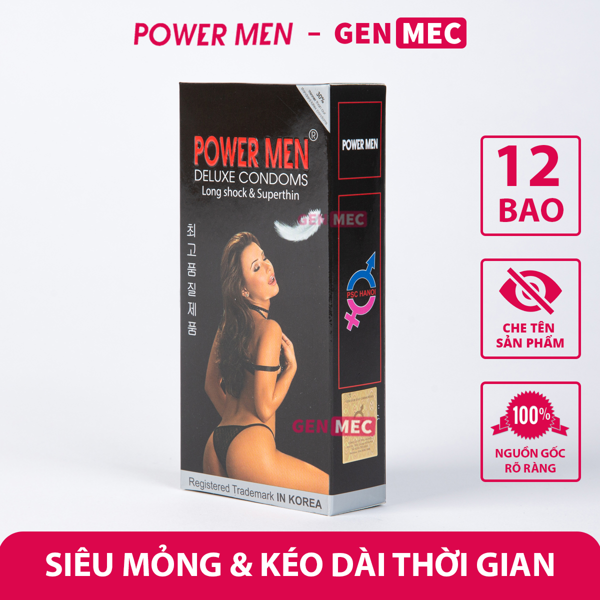 Bao cao su siêu mỏng power men long shock & super thin - kéo dài thời gian quan hệ - bcs power men long shock & super thin hộp 12 bao - genmec