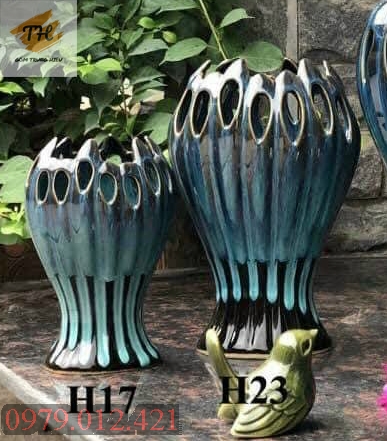 Bình hoa Bát Tràng kiểu tay phật men hỏa biến xanh