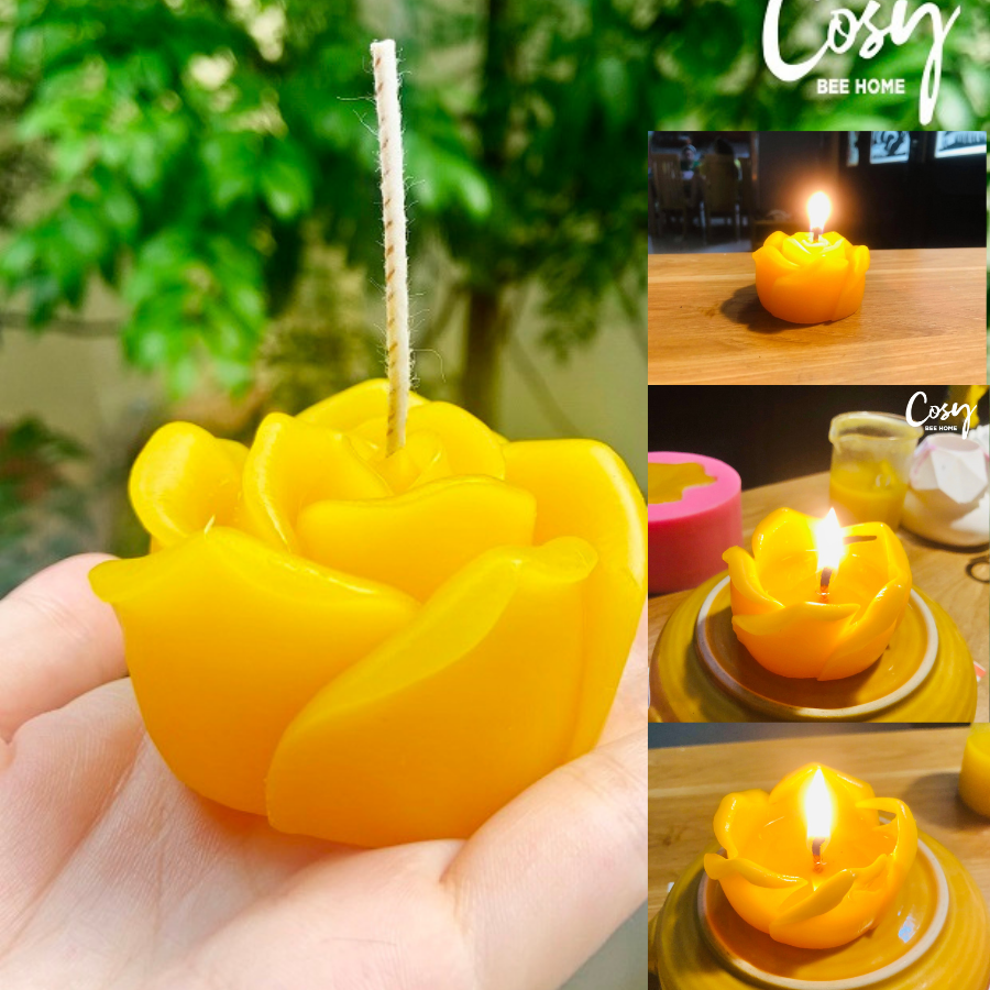 1 Cây Nến sáp ong Hoa hồng cosy bee home, nến cao 3,6cm, nến rộng 4,8cm không khói, mùi thơm dễ chịu, Nến cháy từ 11-12 giờ