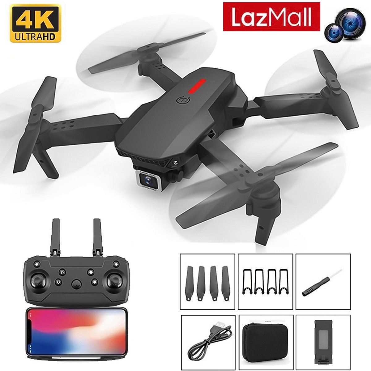 (FREESHIP - HCM) LazMall  SALE  Máy Bay Điểu Khiển Từ Xa 4 Cánh, Flycam E88 Pro , Fly cam giá rẻ, Má