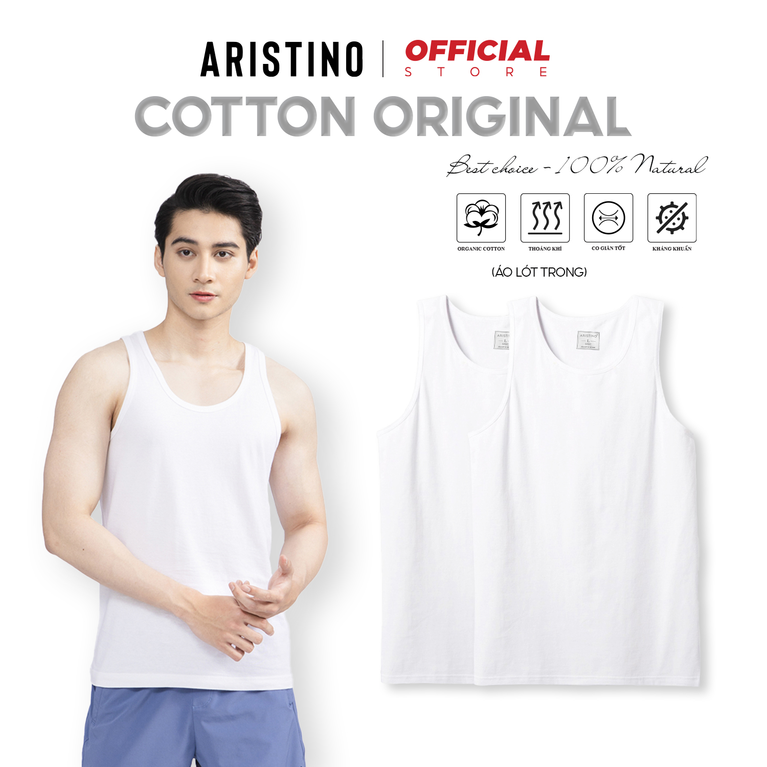Áo thun ba lỗ nam ARISTINO AC21 áo tanktop nam sát nách trắng kiểu lót trơn 100% cotton thoáng mát thấm hút co giãn tốt