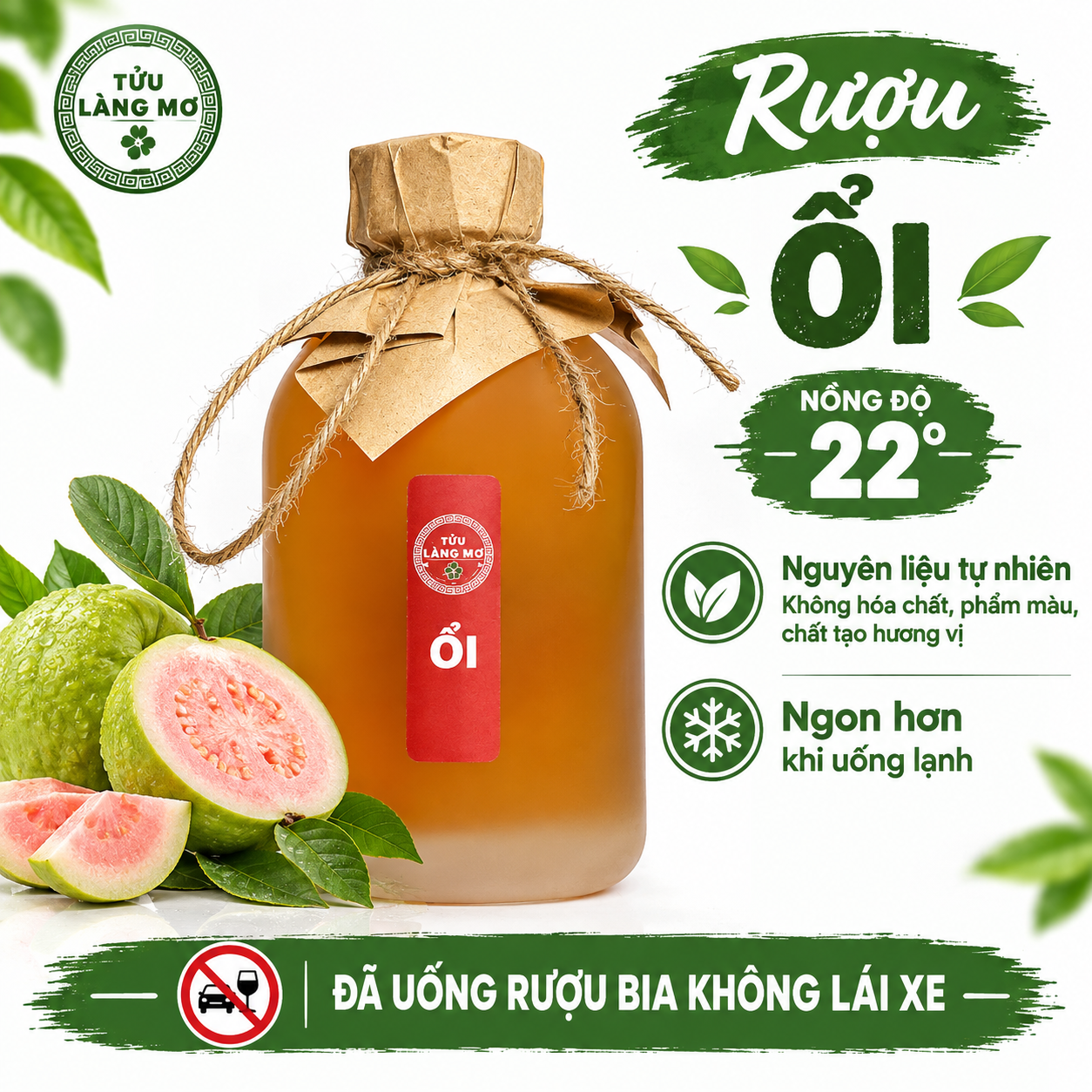 [Rượu Ổi Chai 500ML] Tửu Làng Mơ - Không Phẩm Màu - Không Hương Liệu - Nồng Độ 22%