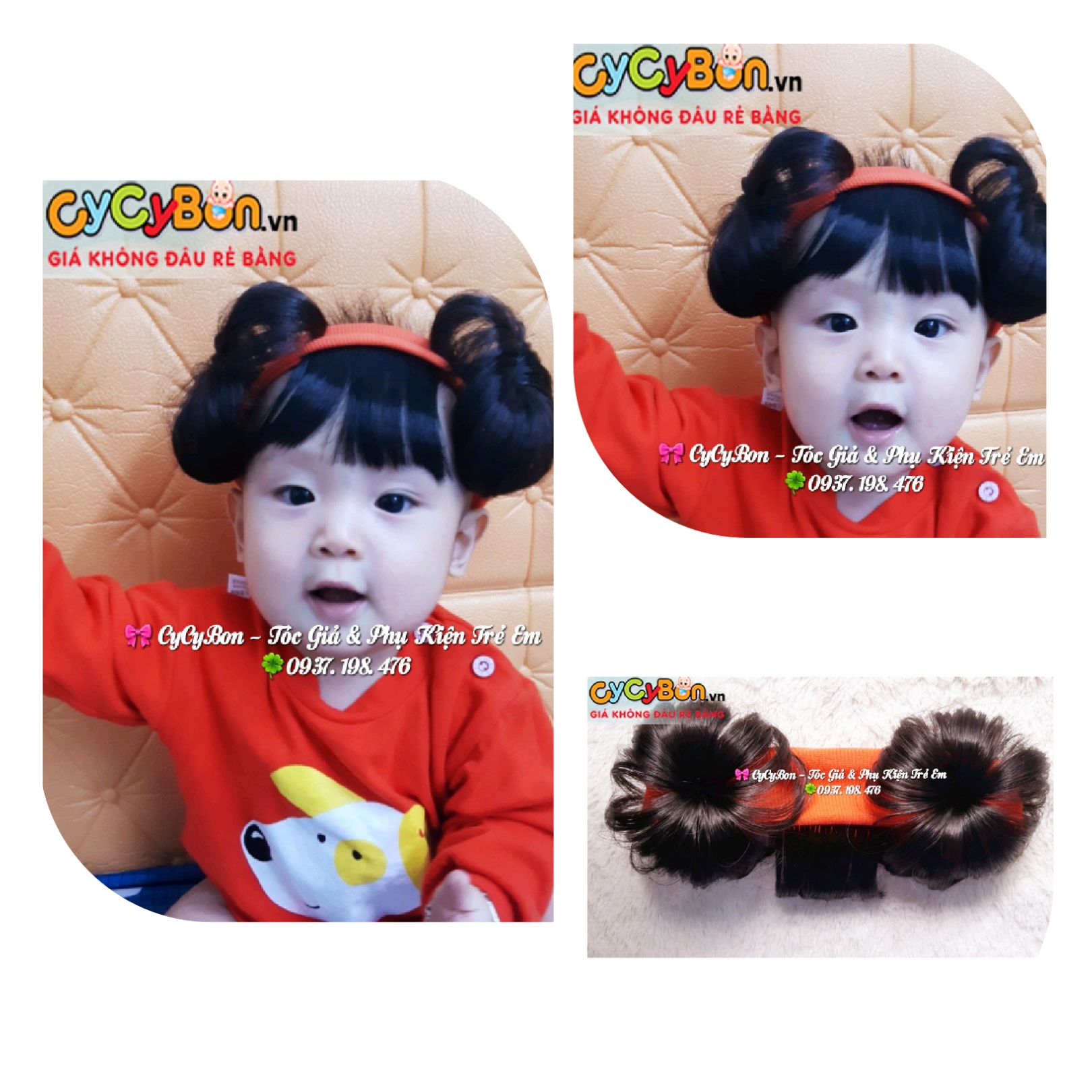 Băng Đô Turban Tóc Giả Cho Bé Gái Màu Cam - Kèm Tóc Mái Trước Và Tóc Búi Natra Hai Bên Siêu Xinh