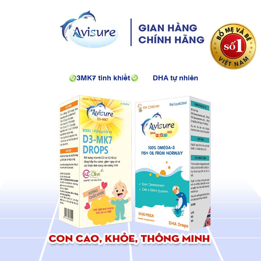 Bộ đôi Avisure D3MK7 và Avisure DHA smart kid cung cấp vitamin D3K2 và DHA cho bé cao lớn, thông minh