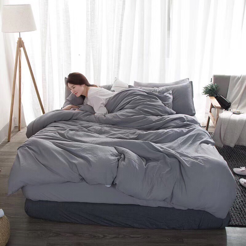 TRỌN BỘ 4 MÓN CHĂN GA GỐI ĐŨI COTTON NHẬP MÀU XÁM GHI
