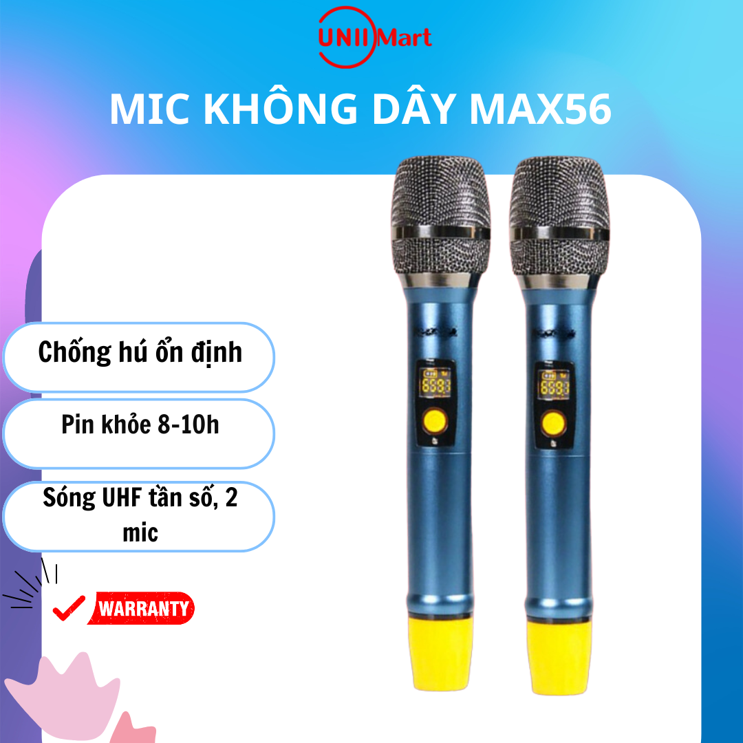 Bộ 2 Micro không dây đa năng Max 56 - Hút âm tốt Hạn chế hú rít - Sạc pin ngay trên mic - Bảo hành 1 đổi 1