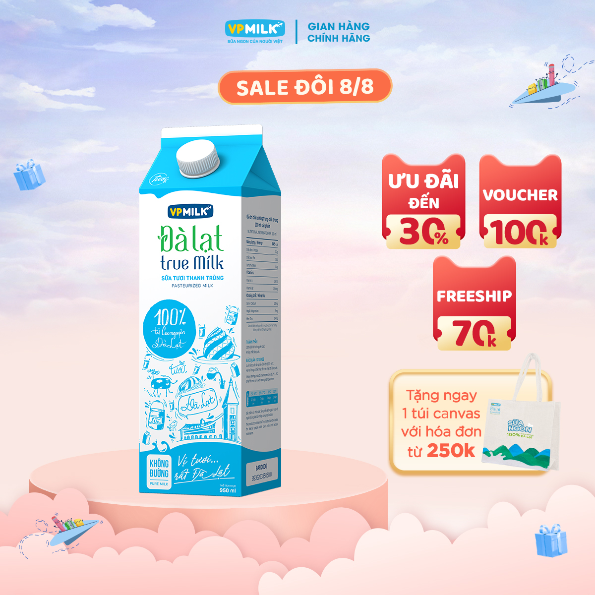 Sữa tươi thanh trùng đà lạt true milk không đường 950ml