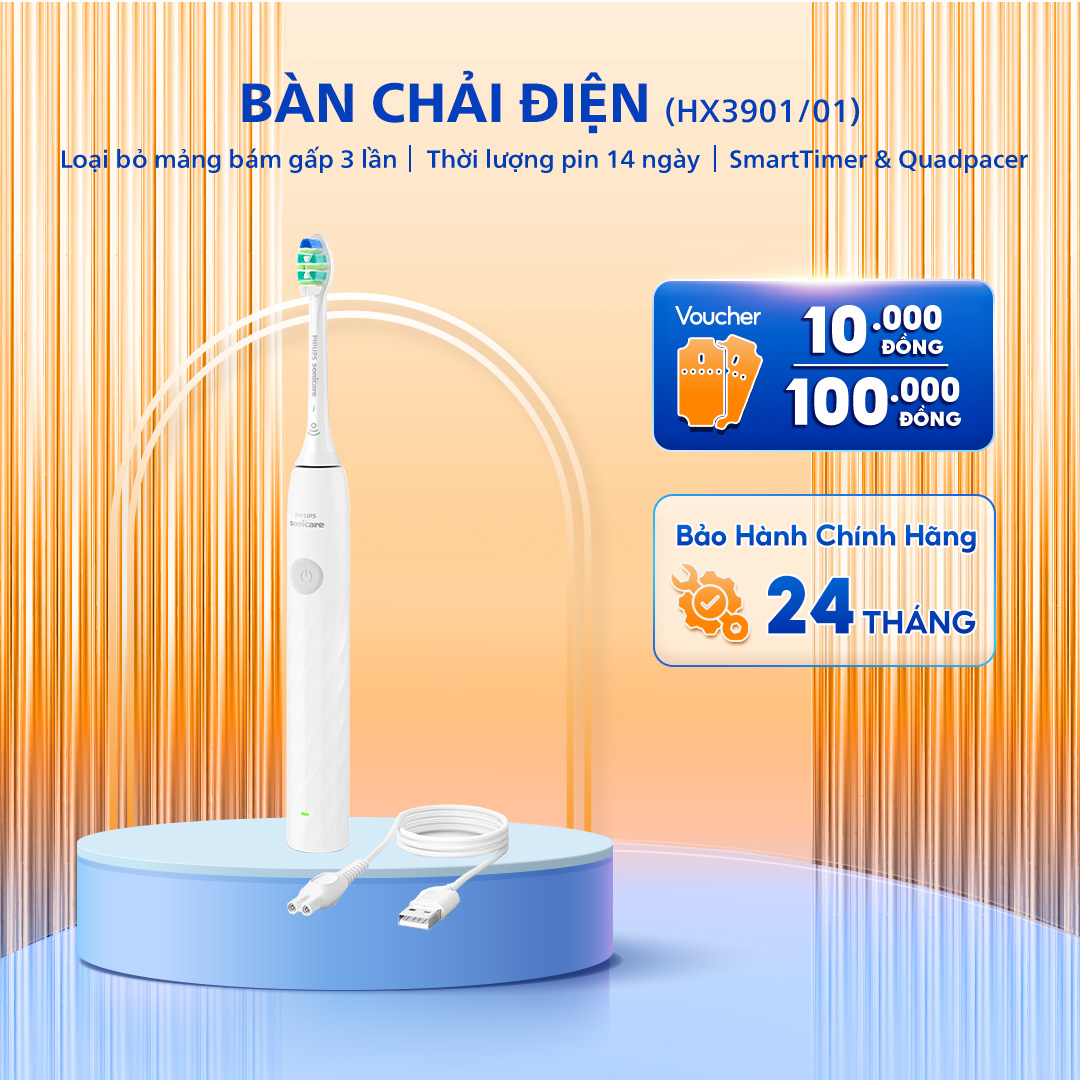 Bàn Chải Điện PHILIPS Sonicare HX3901/01, Màu Trắng, Bảo Hành Chính Hãng 24 Tháng