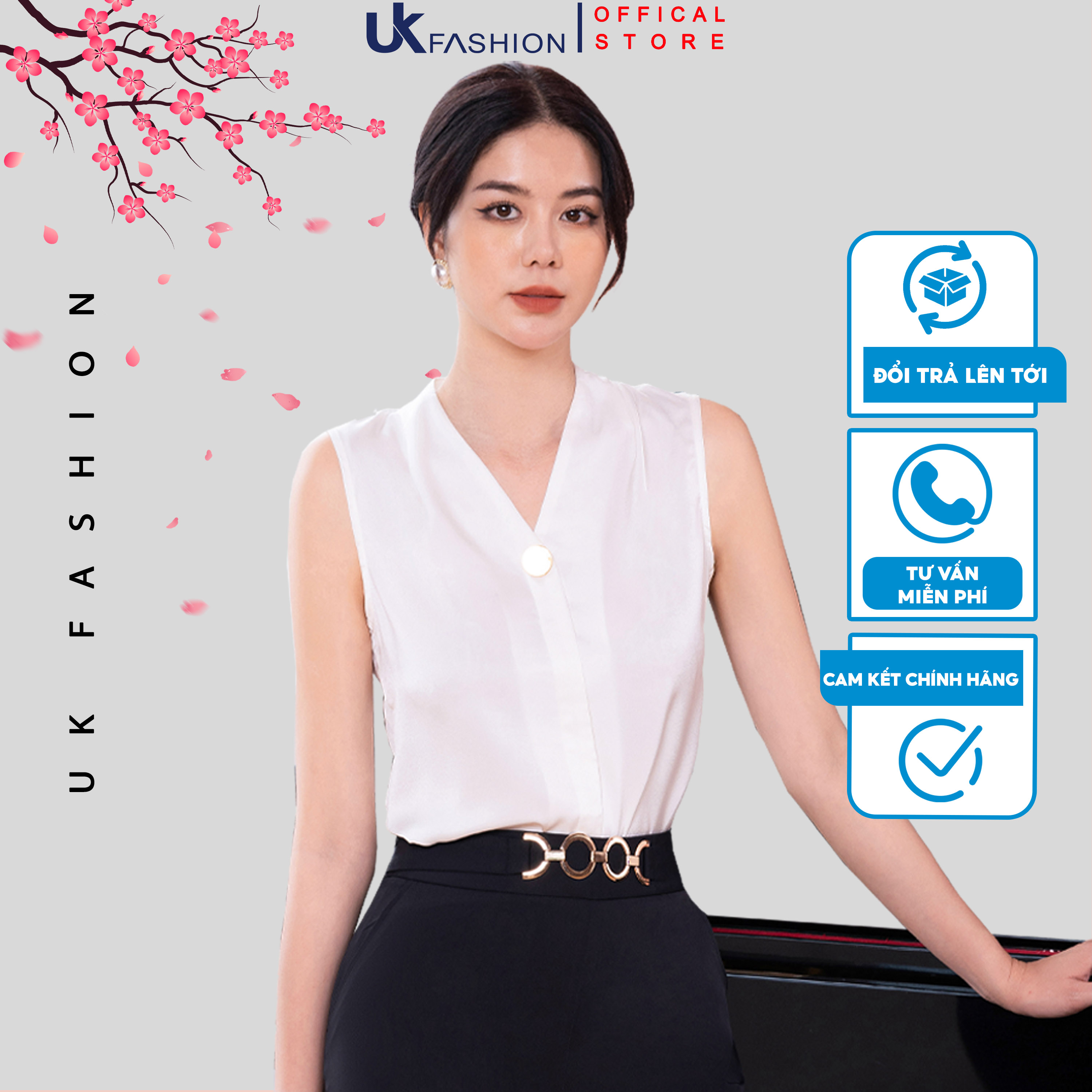 Áo sơ mi lụa nữ uk fashion thiết kế sát nách xếp vai đính khuy tinh tế, chất vải mềm nhẹ nksm2204004