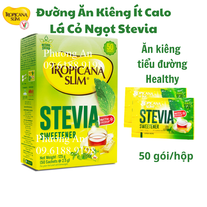 Hộp 50 gói đường ăn kiêng lá cỏ ngọt stevia tropicana slim, dành cho người tiểu đường và ăn kiêng (date mới]