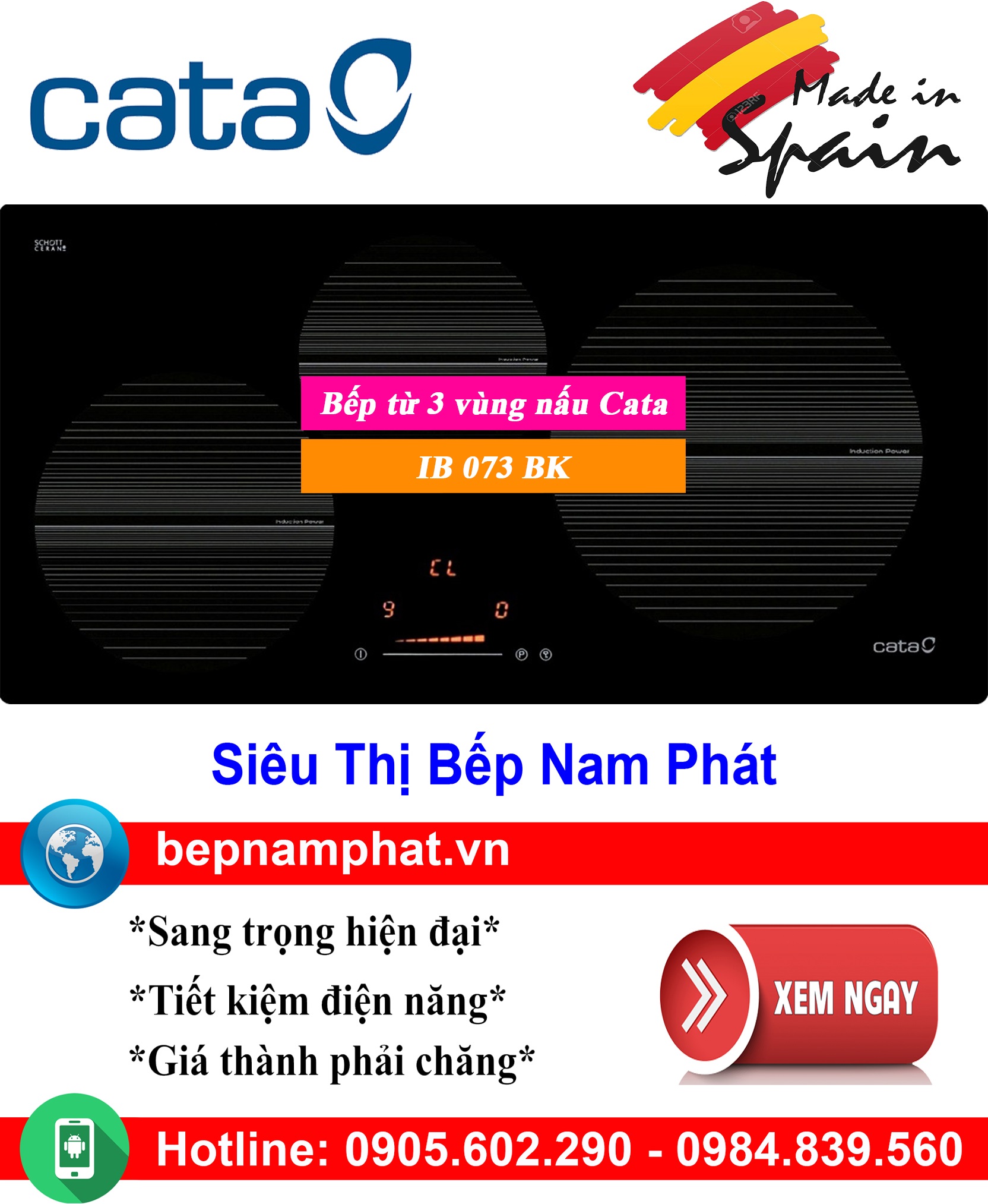 Bếp từ Cata IB 073 BK - 3 vùng nấu, Kính ceramic SCHOTT CERAN, Đen, 730x430mm