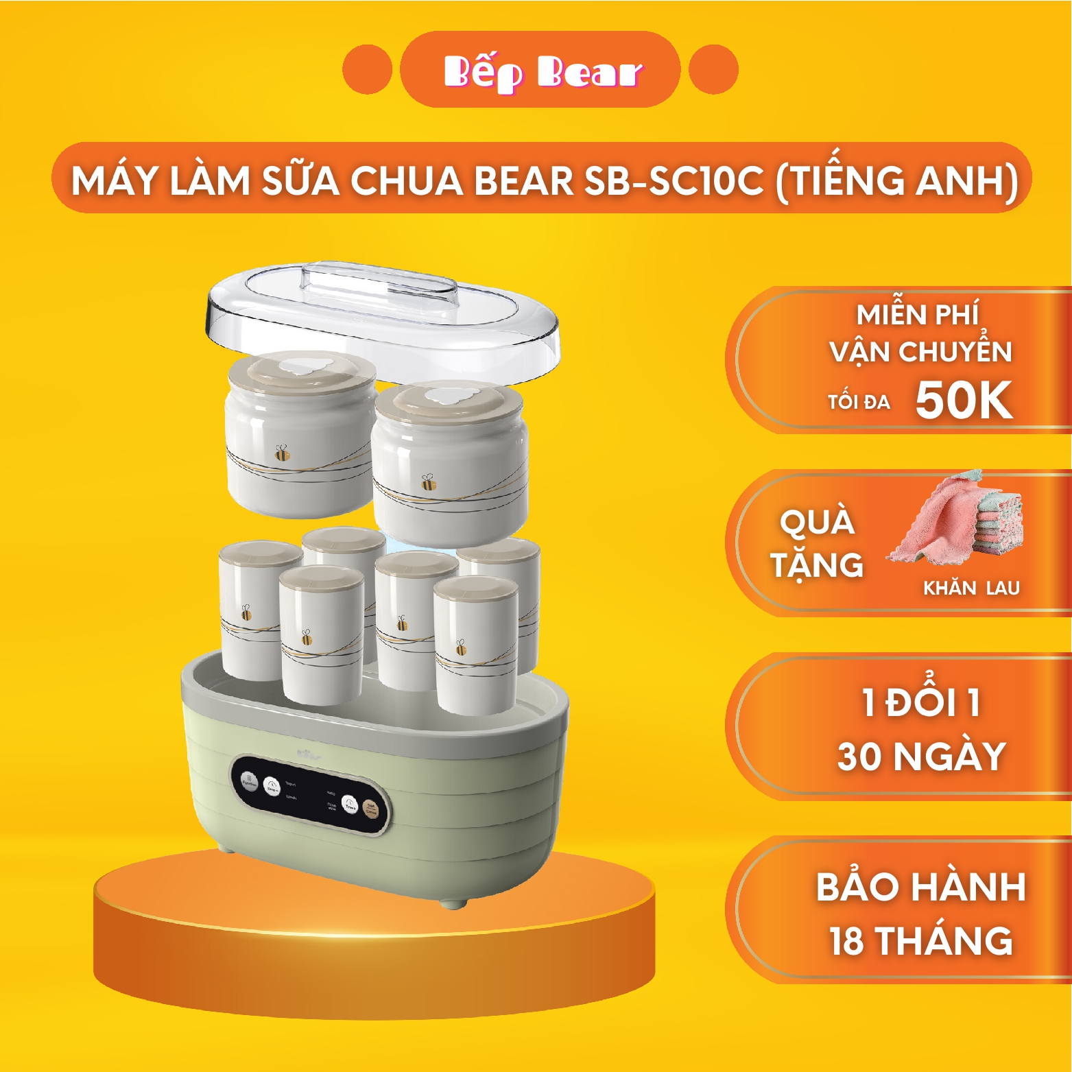 Máy làm sữa chua tự động bear, máy ủ sữa chua, làm yogurt sb-sc10c kèm 6 hũ 125ml và 2 hũ 500ml - bản quốc tế bảo hành chính hãng 18 tháng