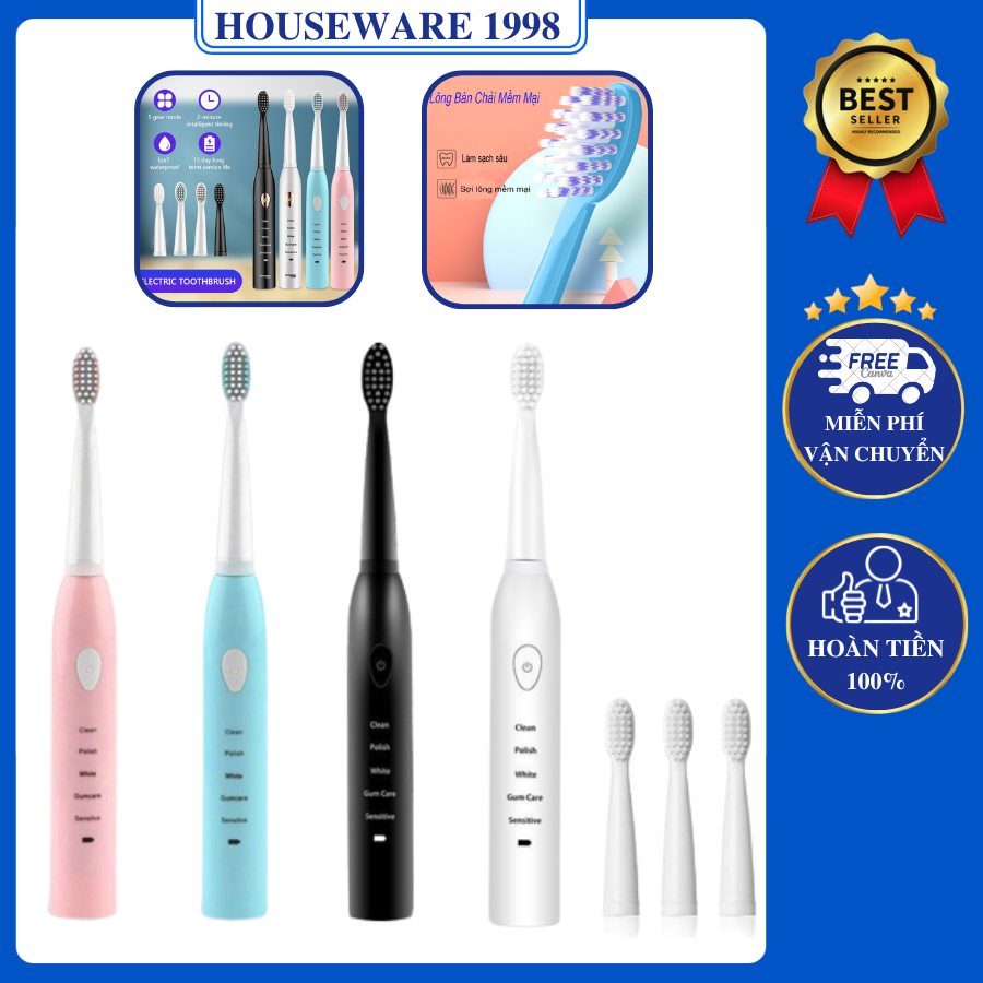Bàn chải đánh răng điện 5 chế độ rung, Tặng kèm 4 đầu bàn chải, Bàn chải răng chạy điện, Bàn chải điện