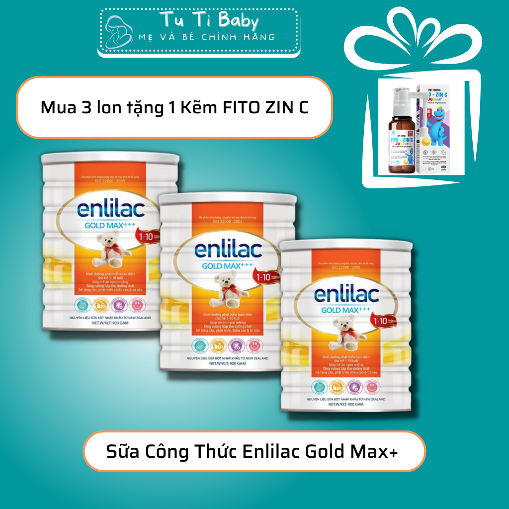 [COMBO MUA 3 TẶNG QUÀ 315K ] 3 Hộp Sữa bột Enlilac Gold Max 900g 1 đến 10 tuổi sữa công thức cao năng lượng, thơm ngon dễ uống cho trẻ | Quà tặng 1 hộp Kẽm FITO ZINC 315K