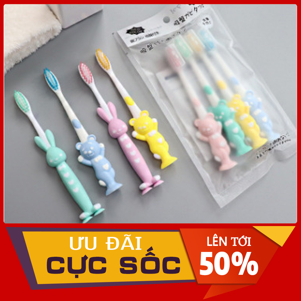 Bộ 4 Bàn Chải Đánh Răng Hình Thú Xuất Nhật Cho Bé Chất Liệu Cao Cấp , Mềm Mại