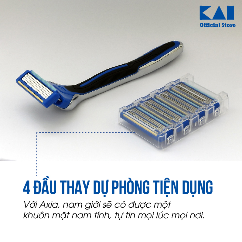 Dao cạo râu cao cấp Nhật Bản KAI Axia+4 thiết kế 5 lưỡi ưu việt kèm 4 đầu thay | Lưỡi titan an toàn đầu xoay linh hoạt | Gian hàng chính hãng