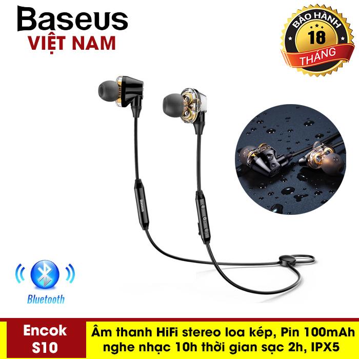 Tai nghe Baseus S10 tai nghe thể thao Bluetooth - Tai Nghe Không Dây earphone thiết kế độc đáo loa kép, âm thanh vượt trội 3D Stereo- Hifi - chống nước tiêu chuẩn Ipx5 - Phân phối bởi Baseus Vietnam