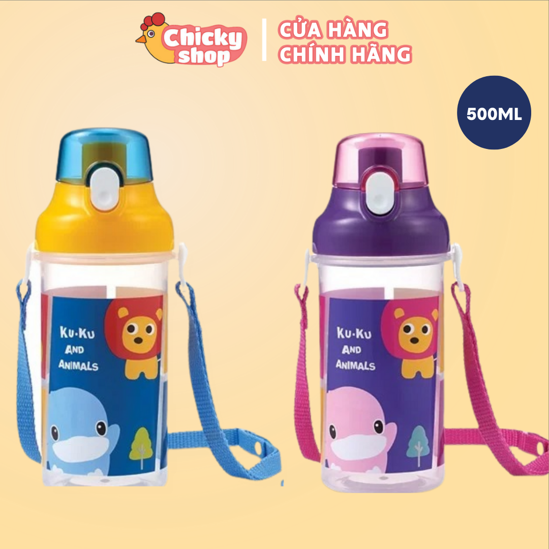 Bình uống nước cho bé kèm dây đeo kuku and animals ku5602a - 500ml