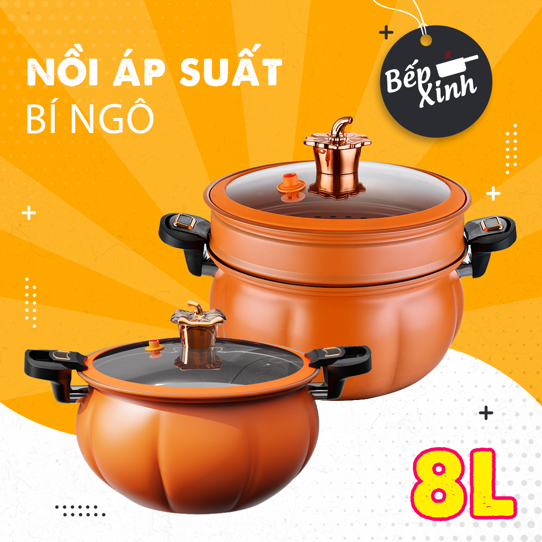 Nồi áp suất Bí ngô 8 lít - Chống dính ceramic - Tặng 10 giấy thâm dầu - Nồi áp suất đa năng - Nồi nấu chậm - Nồi hầm
