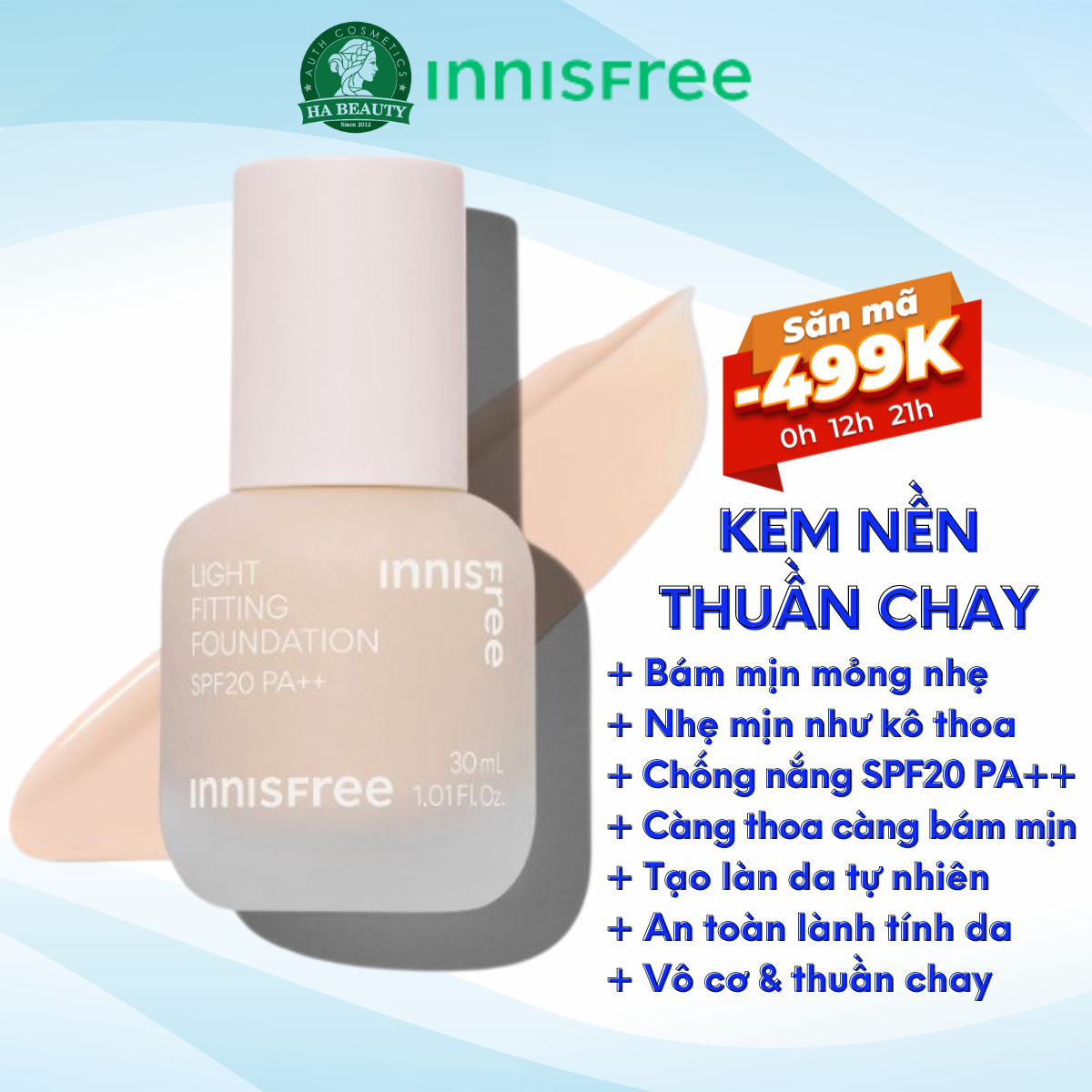 Kem nền trang điểm bám mịn mỏng nhẹ giúp tạo ra làn da mịn màng innisfree light fitting foundation spf20pa++ 30ml