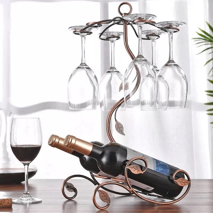 Giá treo ly và kệ để rượu vang decor màu đồng loại 6 ly cao cấp