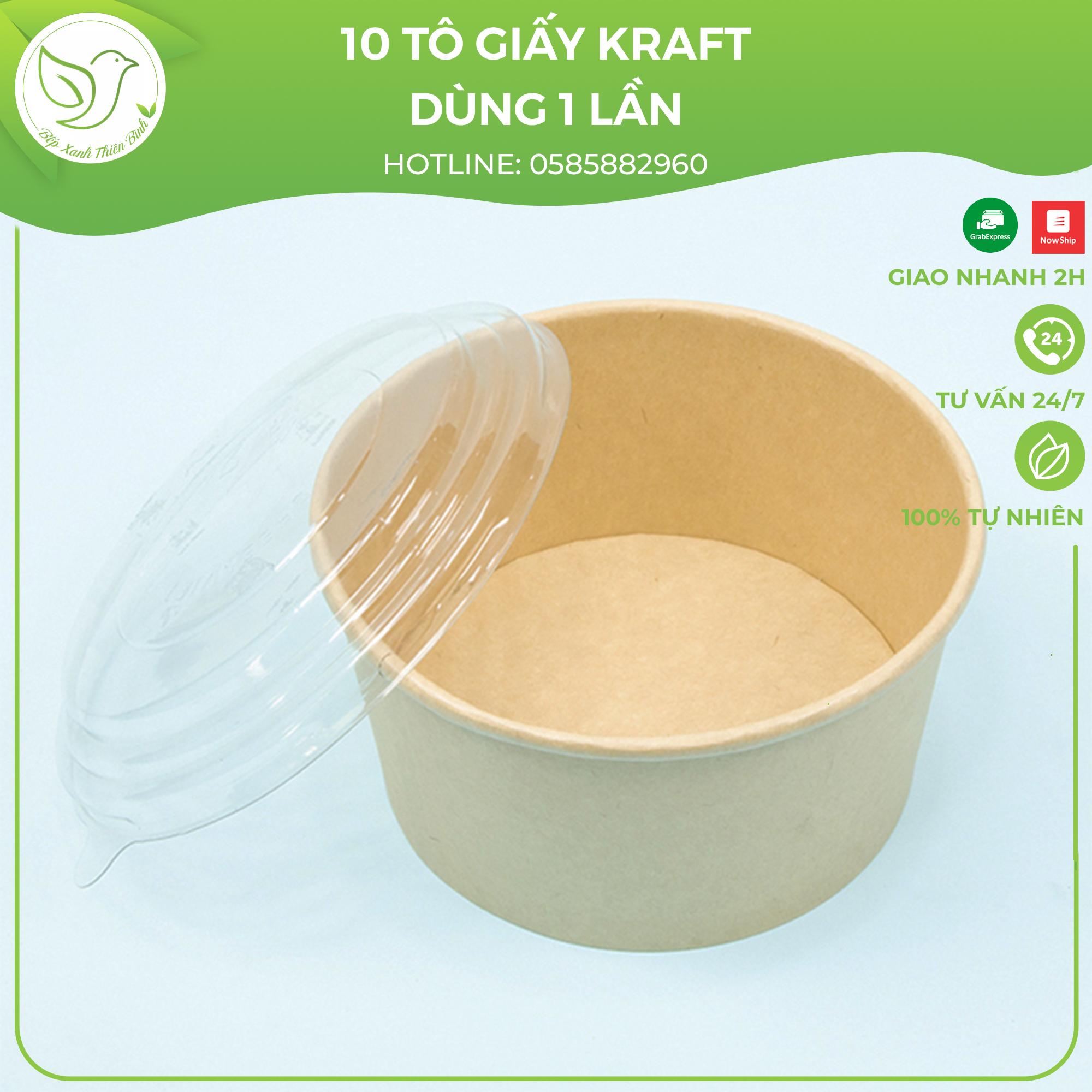 10 Tô giấy dùng một lần Kraft đựng thức ăn, salad, bông lan trứng muối chịu nhiệt kèm nắp cao cấp