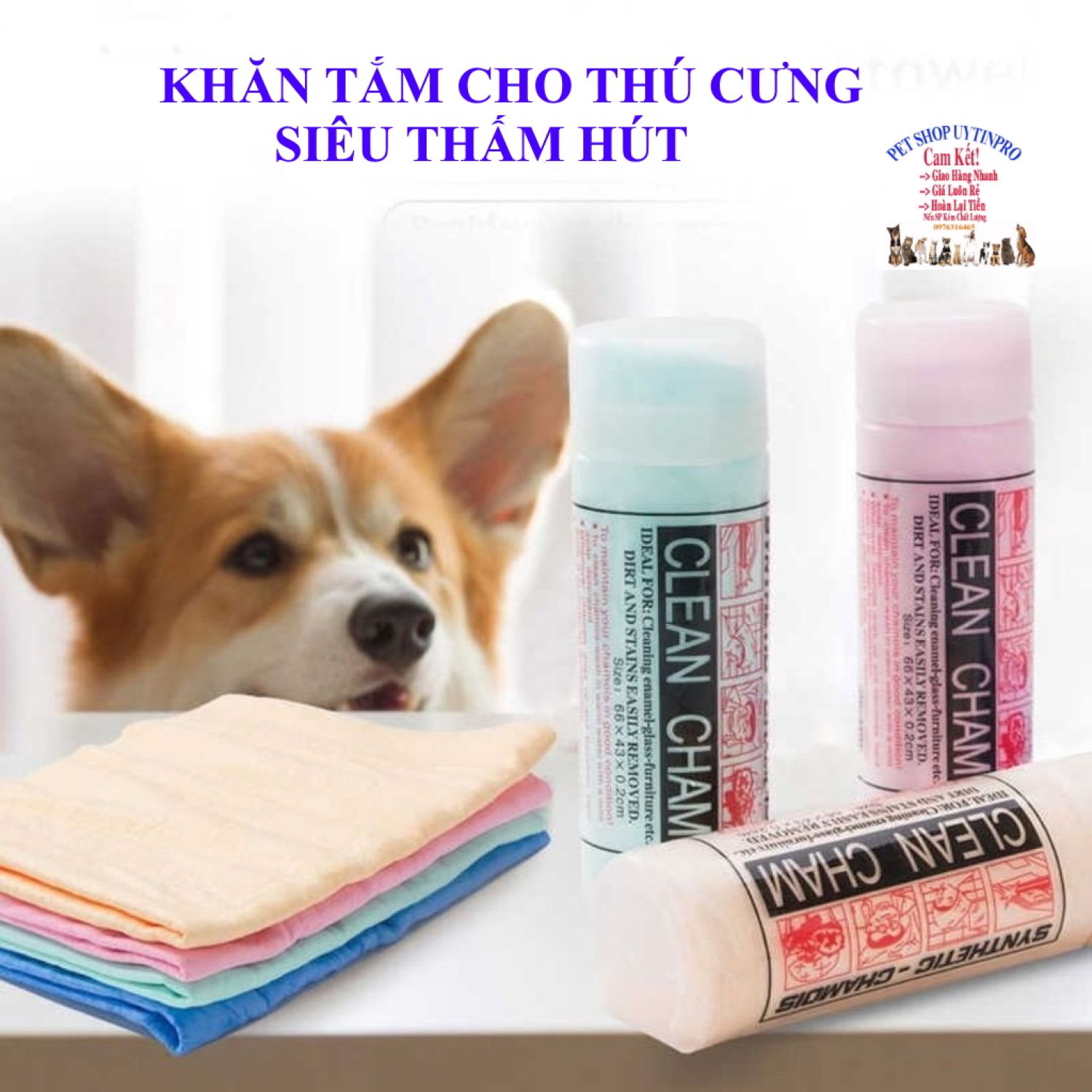 Khăn tắm cho chó mèo thú cưng clean cham siêu thấm hút size 65x42cm - pet shop 24