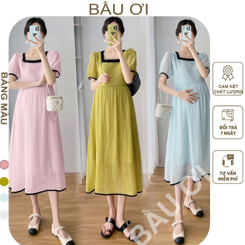 Váy bầu babydoll chất voan tơ cao cấp - đầm bầu công sở mùa hè mặc đi làm dự tiệc đều xinh