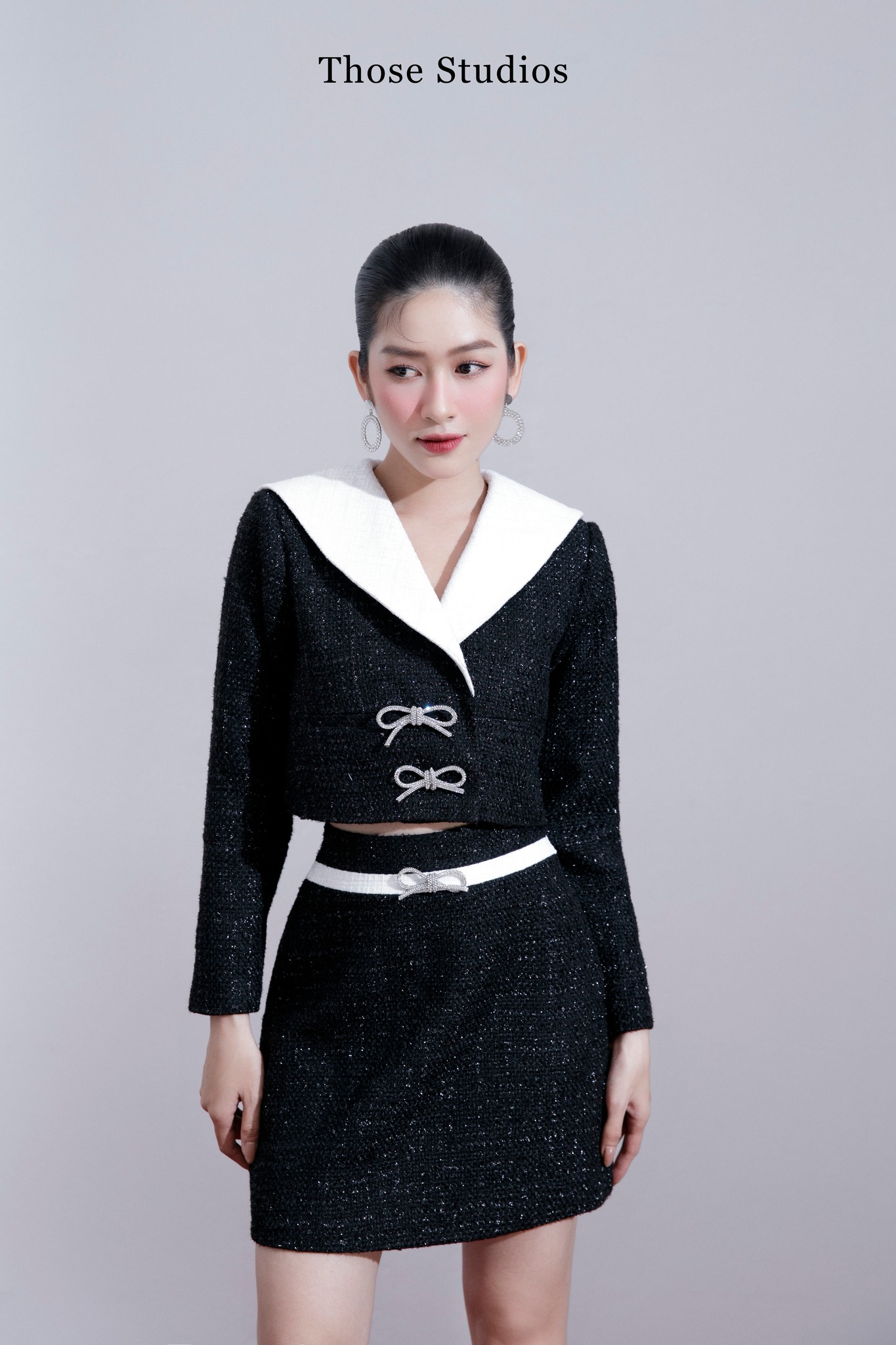 Those Studios Set dạ tweed nữ, set tweed chân váy chữ a màu đen Casta Dress