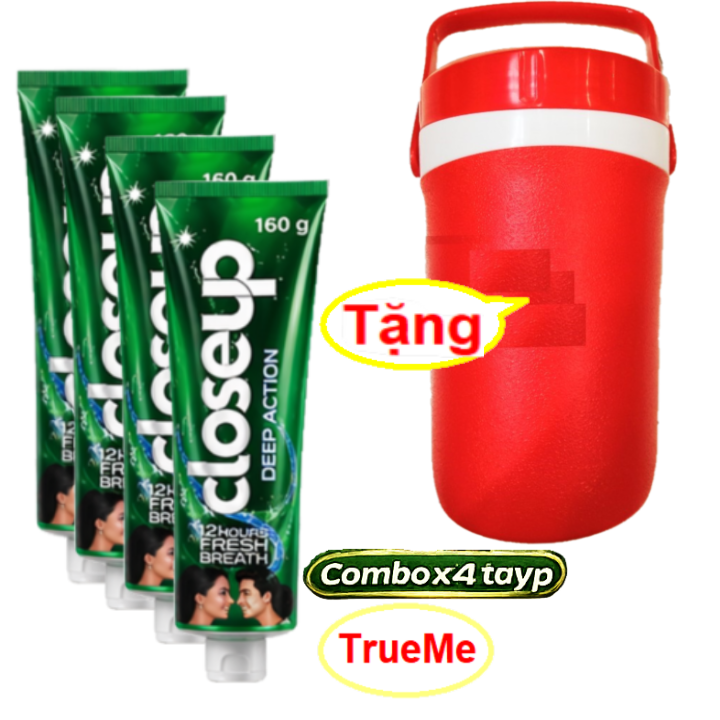 [Tặng Bình đá 1.5l] Combo x4 tuýp Kem đánh răng Closeup (160g/tuýp) hương bạc hà - kem danh rang thai lan - deep action - làm sạch sâu - khử mùi - kem danh rang ps  - kem danh rang lam trang rang -  TrueMe closeup160 LazadaTrueMe
