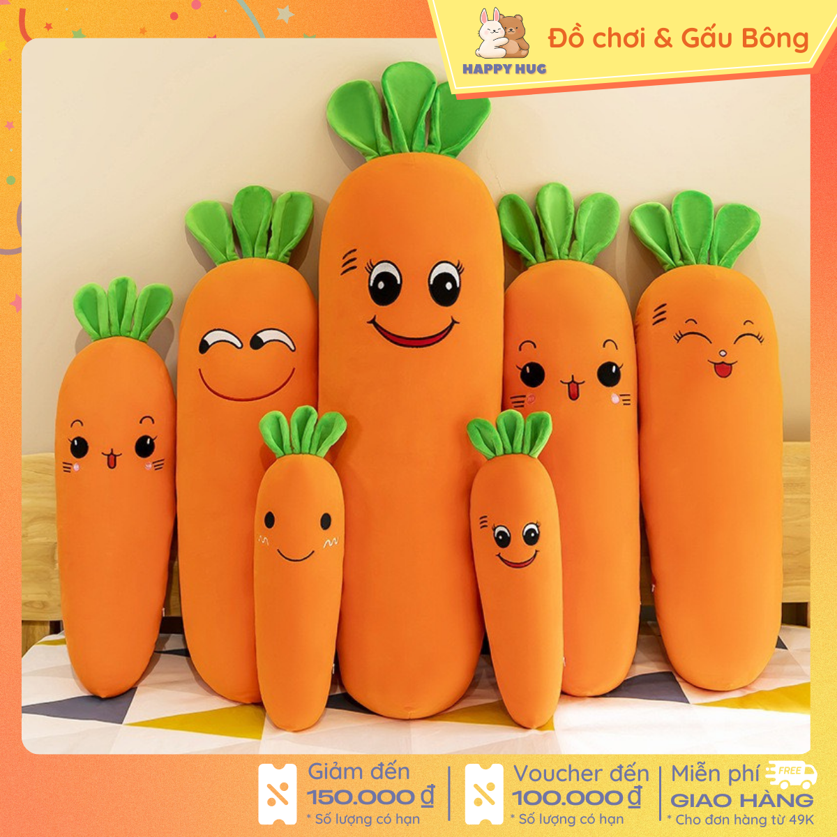 Gối ôm hình củ cà rốt cảm xúc dễ thương size 45-65cm, thú nhồi bông cao cấp - gấu bông happy hug