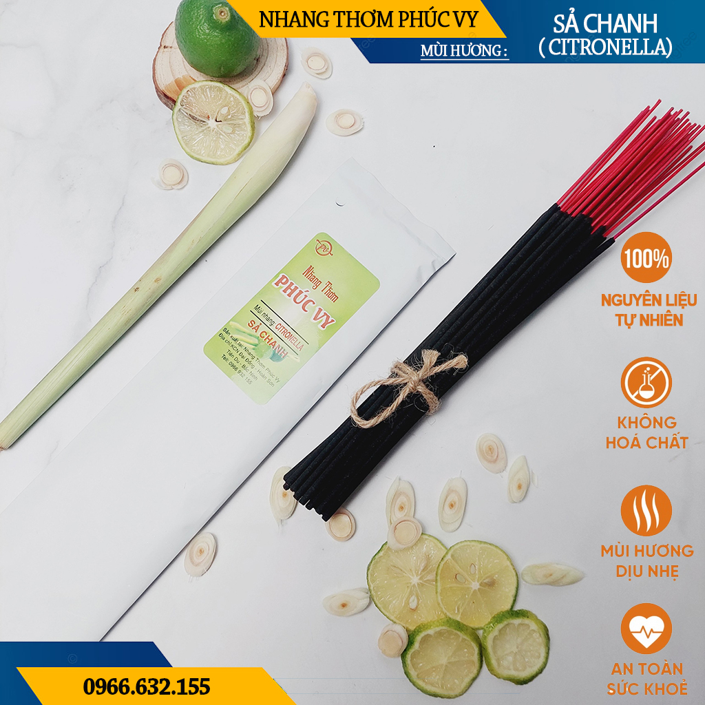 Nhang Thơm Phúc Vy Hương Sả Chanh - Túi 39 Cây 28cm, Ít Khói, Thơm Nhẹ, Dễ Chịu, Không kích mũi