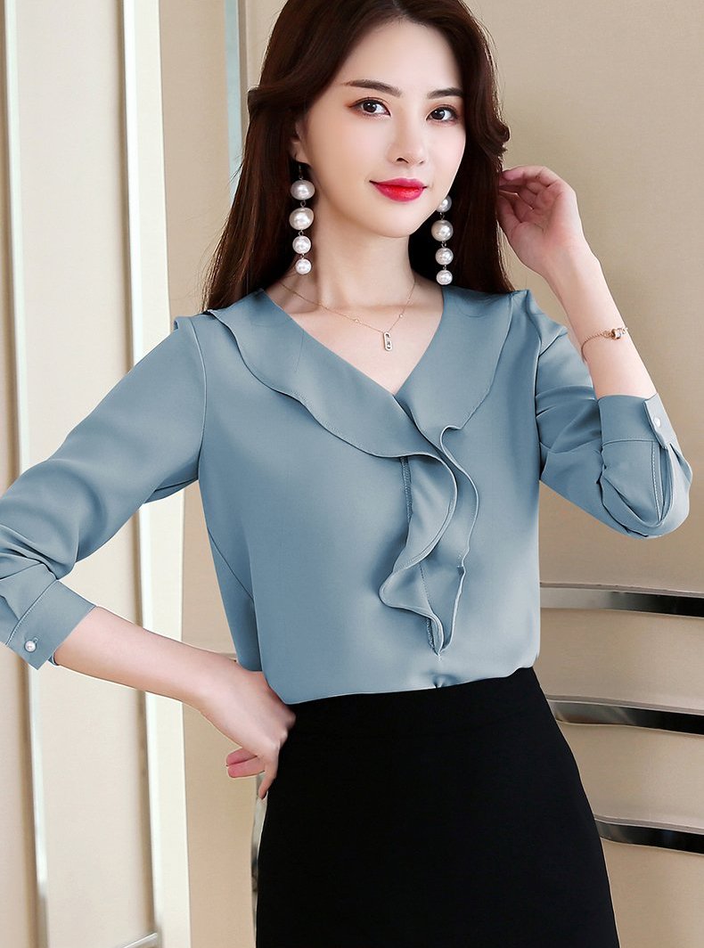Áo kiểu tay dài cổ cách điệu phối bèo thời trang