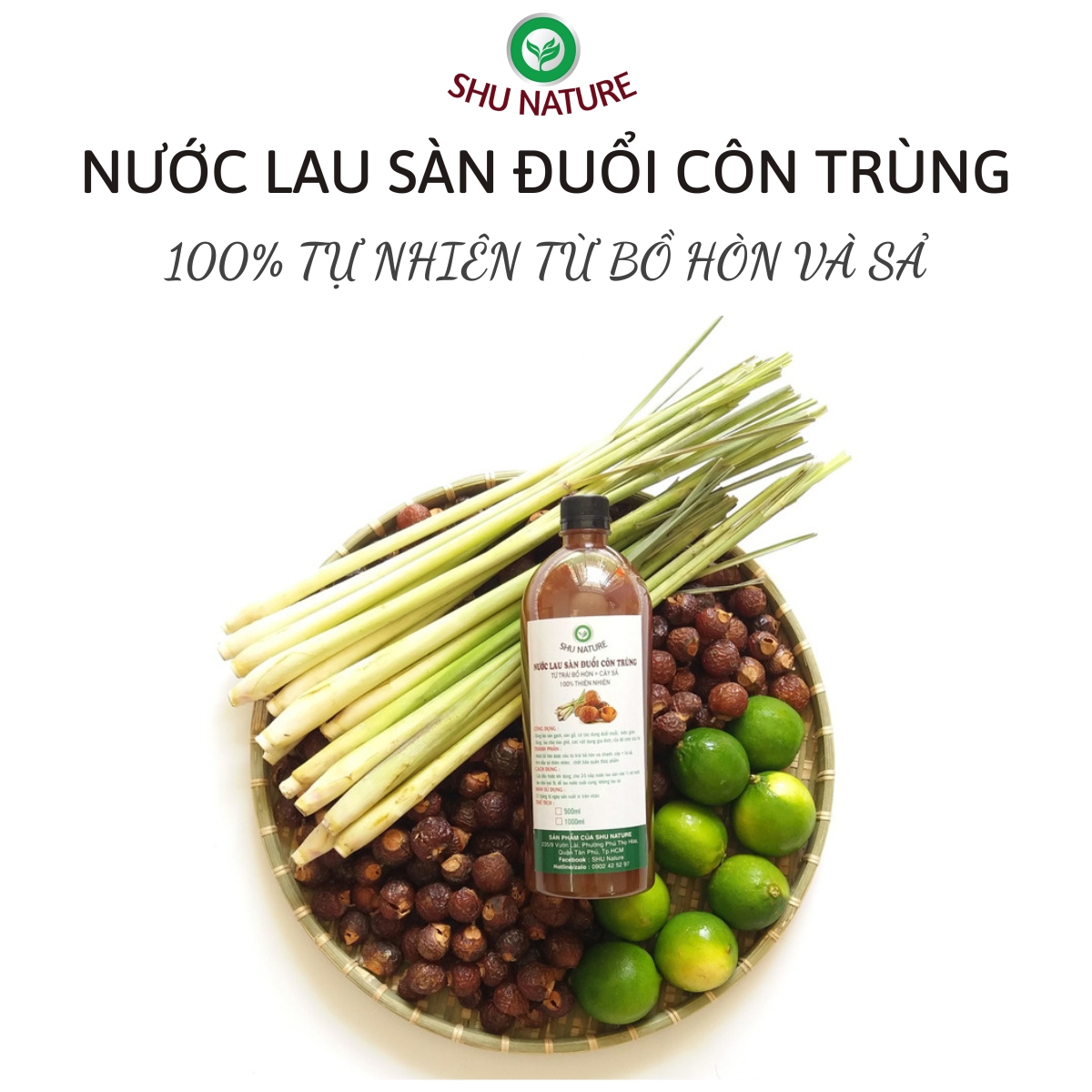 Handmade, Nước lau sàn hữu cơ, đuổi muỗi, kiến, gián, từ bồ hòn, tinh dầu sả, tinh dầu quế, 100% tự nhiên SHU NATURE, an toàn cho trẻ nhỏ, mẹ bầu