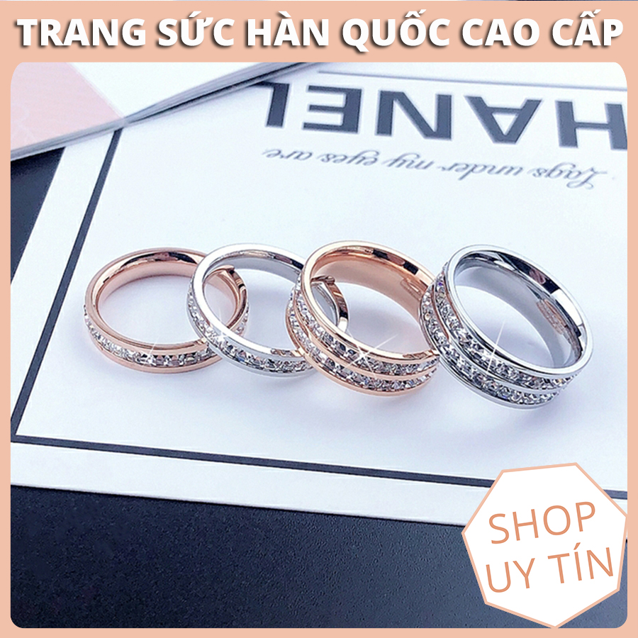Nhẫn Đôi Nam Nữ Titan Cao Cấp Ko Đen Đính 2 Hàng Đá