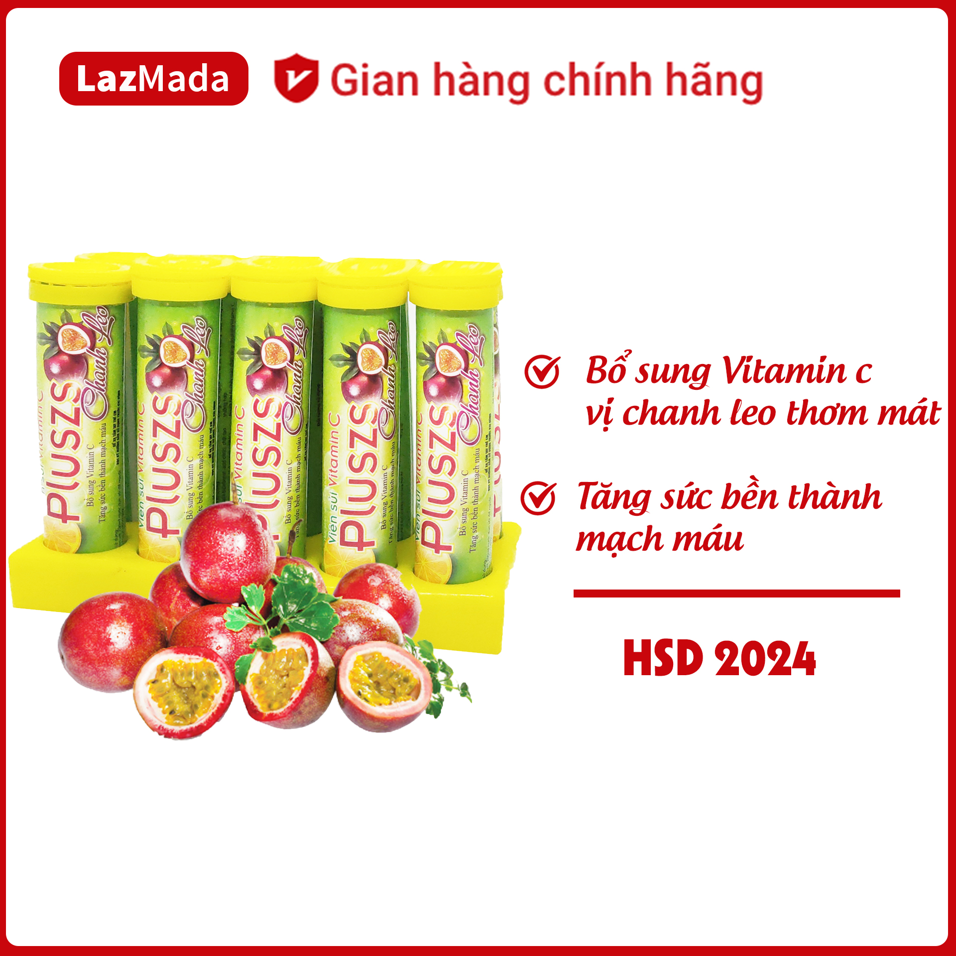 Combo 5 Tuýp Sủi Vitamin C PLUSZS Vị chanh leo - Tăng sức đề kháng, sức bền thành mạch máu, thanh nhiệt cơ thể hiệu quả - Tuýp 20 viên