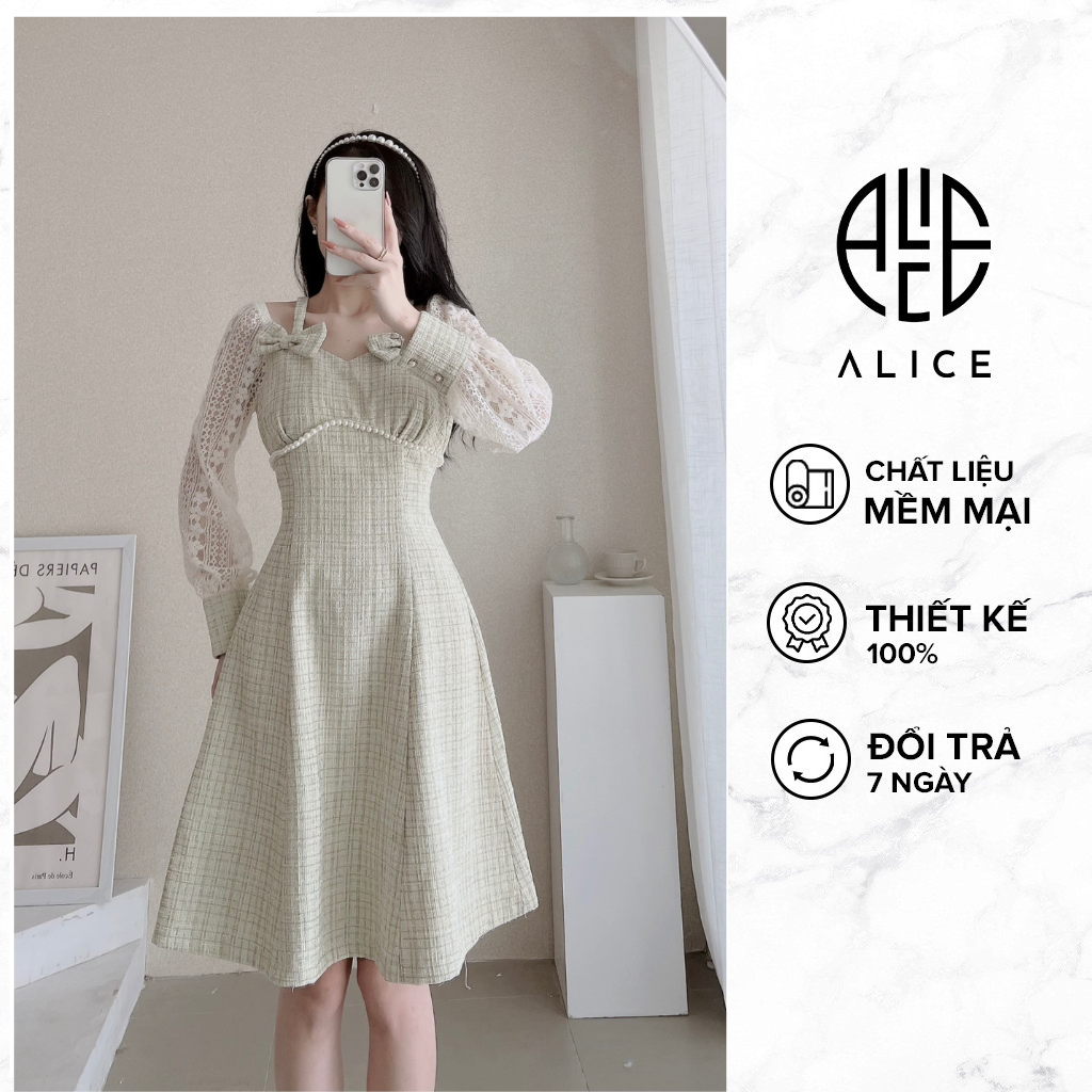 Váy tiểu thư đầm dự tiệc phối tay ren eo đính ngọc trai alice dáng xòe chất dạ tweet cao cấp dày dặn - v756