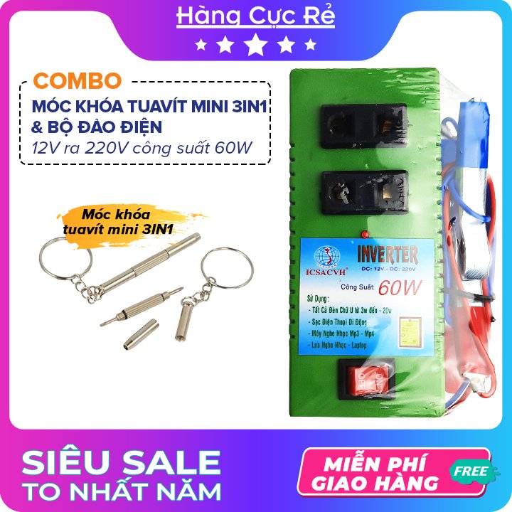 Combo 1 Thiết bị biến điện từ bình Ắc quy 12V ra 220V công suất 60W + 1 Móc khóa tuavít mini 3IN1 -  Shop Hàng Cực Rẻ